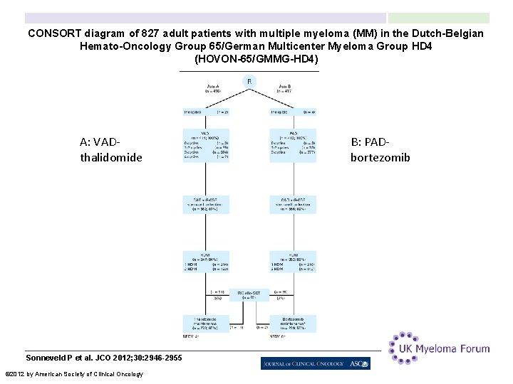 CONSORT diagram of 827 adult patients with multiple myeloma (MM) in the Dutch-Belgian Hemato-Oncology