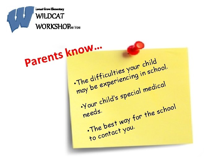 Locust Grove Elementary WILDCAT WORKSHOPYou. You … w o n k s t n