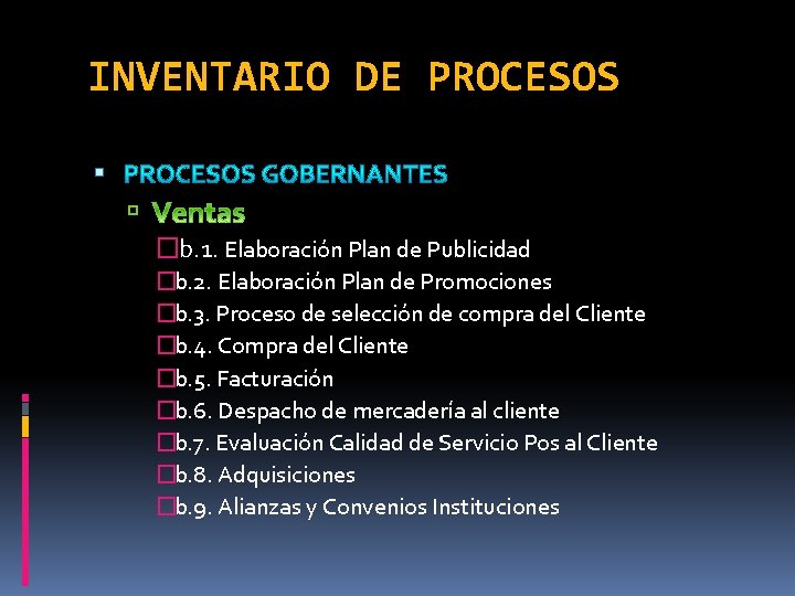 INVENTARIO DE PROCESOS �b. 1. Elaboración Plan de Publicidad �b. 2. Elaboración Plan de