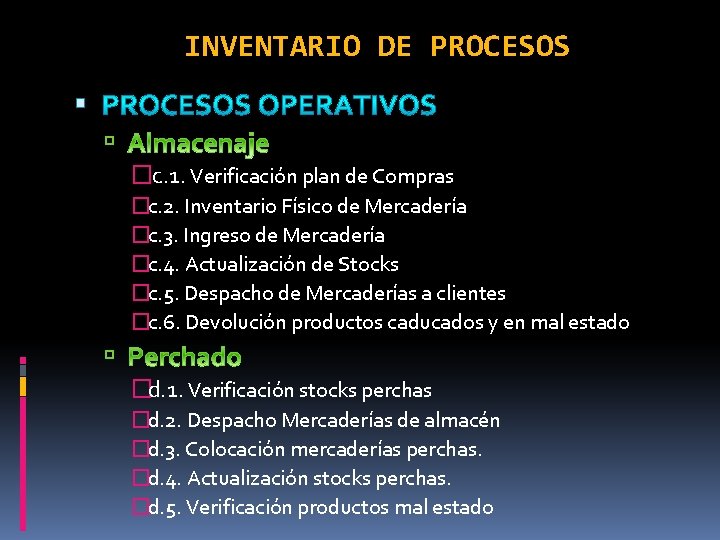INVENTARIO DE PROCESOS �c. 1. Verificación plan de Compras �c. 2. Inventario Físico de