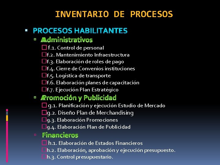 INVENTARIO DE PROCESOS � f. 1. Control de personal �f. 2. Mantenimiento Infraestructura �f.