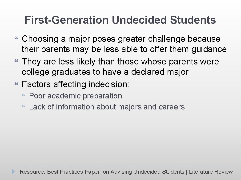 First-Generation Undecided Students Choosing a major poses greater challenge because their parents may be