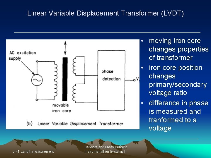 Linear Variable Displacement Transformer (LVDT) • moving iron core changes properties of transformer •