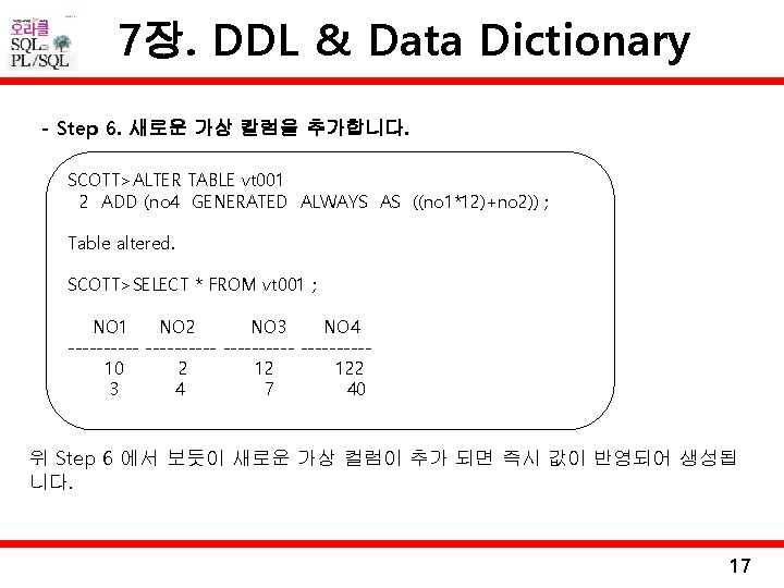 7장. DDL & Data Dictionary - Step 6. 새로운 가상 칼럼을 추가합니다. SCOTT>ALTER TABLE