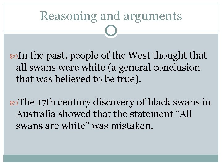 Reasoning and arguments In the past, people of the West thought that all swans