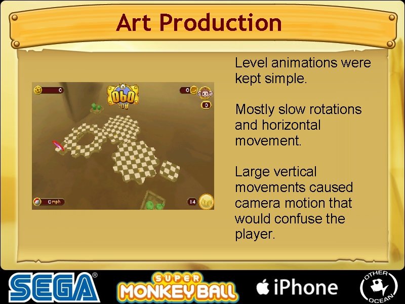 Art Production Level animations were kept simple. Mostly slow rotations and horizontal movement. Large Art Production Level animations were kept simple. Mostly slow rotations and horizontal movement. Large