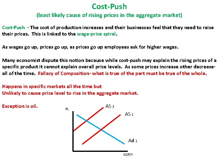 Cost-Push (least likely cause of rising prices in the aggregate market) Cost-Push - The