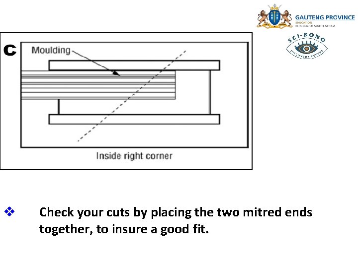 v Check your cuts by placing the two mitred ends together, to insure a