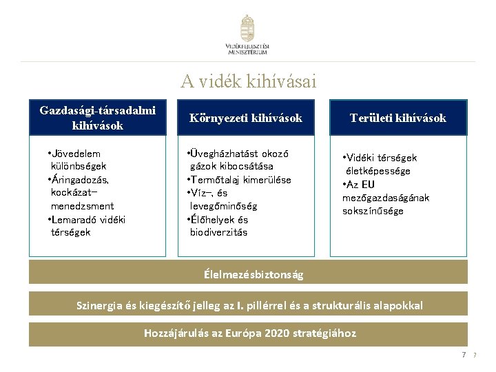 A vidék kihívásai Gazdasági-társadalmi kihívások • Jövedelem különbségek • Áringadozás, kockázatmenedzsment • Lemaradó vidéki