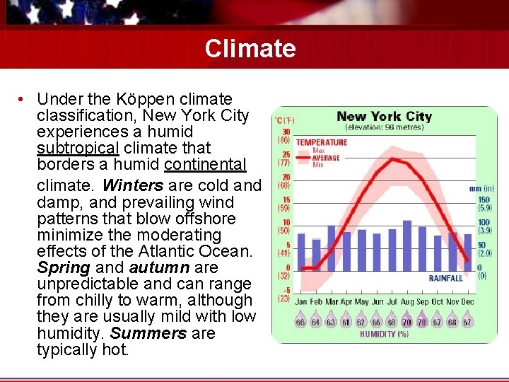 Climate • Under the Köppen climate classification, New York City experiences a humid subtropical