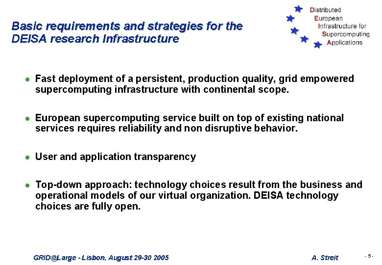 Basic requirements and strategies for the DEISA research Infrastructure l Fast deployment of a