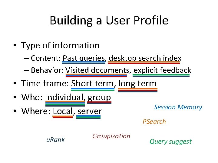 Building a User Profile • Type of information – Content: Past queries, desktop search