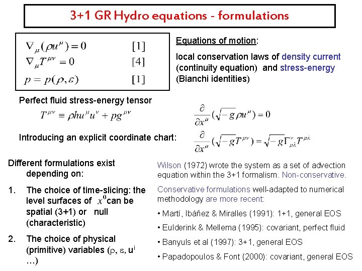 3+1 GR Hydro equations - formulations Equations of motion: local conservation laws of density