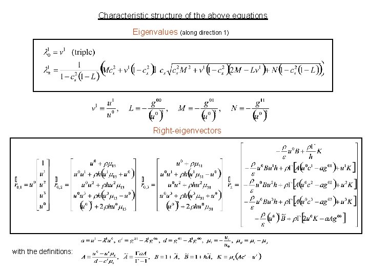 Characteristic structure of the above equations Eigenvalues (along direction 1) Right-eigenvectors with the definitions: