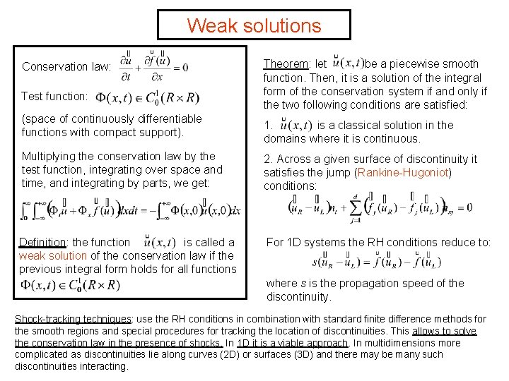 Weak solutions Conservation law: Test function: (space of continuously differentiable functions with compact support).