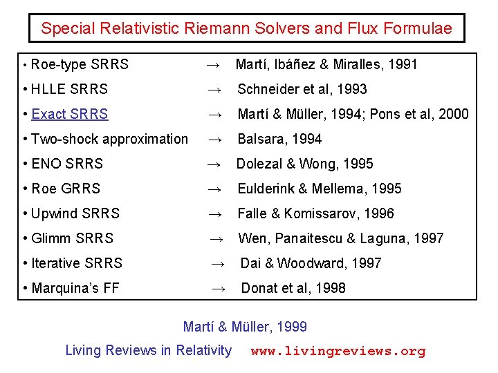 Special Relativistic Riemann Solvers and Flux Formulae • Roe-type SRRS → Martí, Ibáñez &