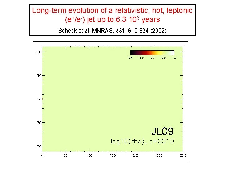 Long-term evolution of a relativistic, hot, leptonic (e+/e-) jet up to 6. 3 106