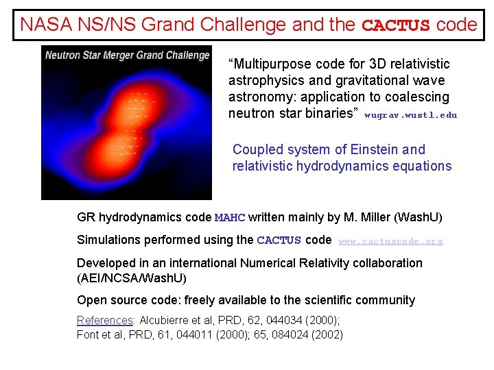 NASA NS/NS Grand Challenge and the CACTUS code “Multipurpose code for 3 D relativistic