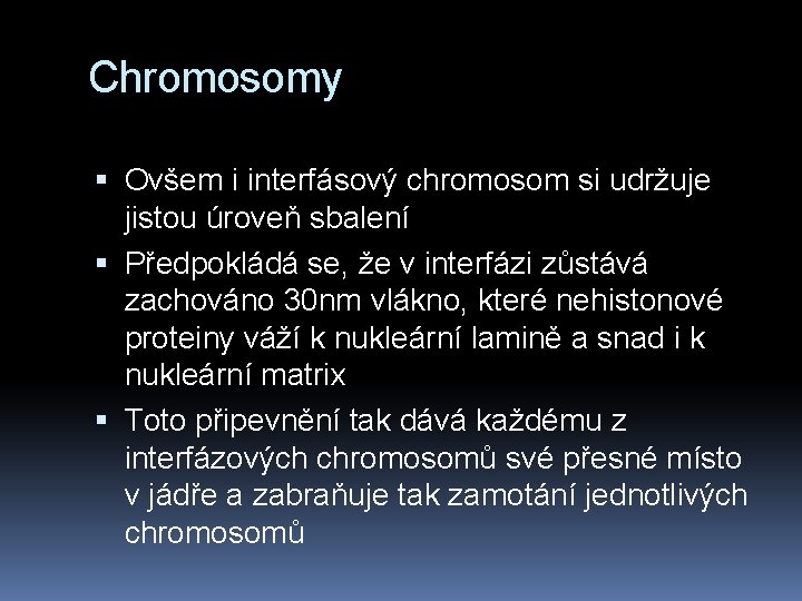 Chromosomy Ovšem i interfásový chromosom si udržuje jistou úroveň sbalení Předpokládá se, že v