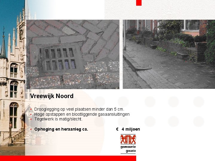 Vreewijk Noord • Drooglegging op veel plaatsen minder dan 5 cm. • Hoge opstappen