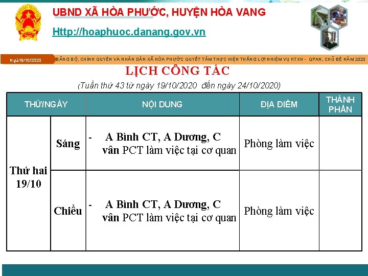 UBND XÃ HÒA PHƯỚC, HUYỆN HÒA VANG Http: //hoaphuoc. danang. gov. vn Ngà 19/10/2020