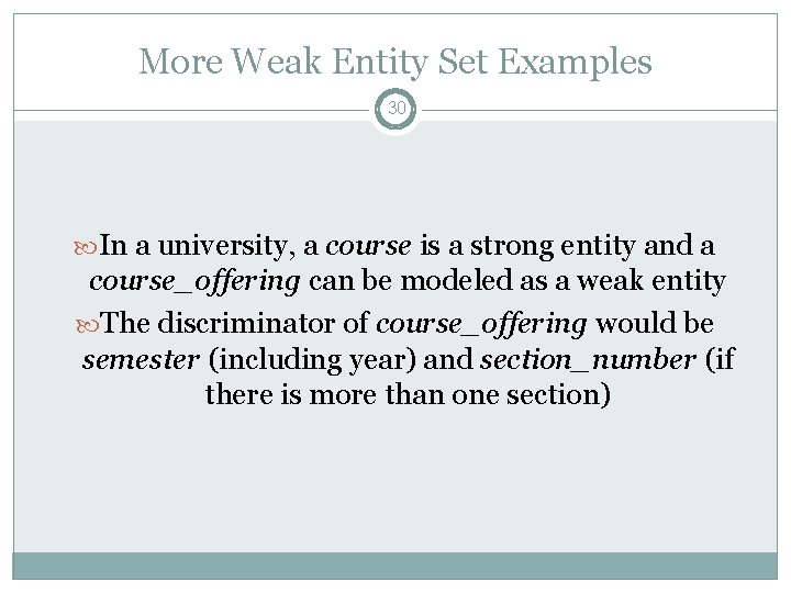 More Weak Entity Set Examples 30 In a university, a course is a strong More Weak Entity Set Examples 30 In a university, a course is a strong