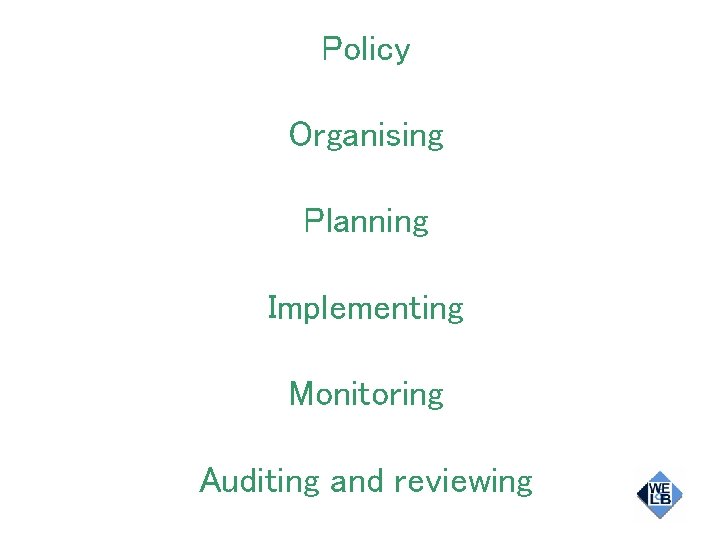 Policy Organising Planning Implementing Monitoring Auditing and reviewing 