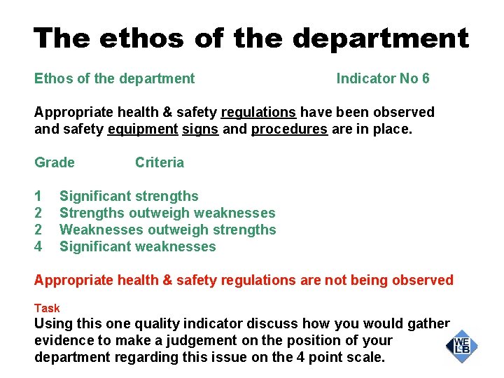 The ethos of the department Ethos of the department Indicator No 6 Appropriate health