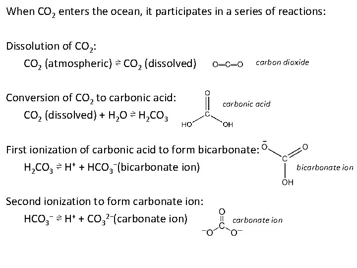 When CO 2 enters the ocean, it participates in a series of reactions: Dissolution