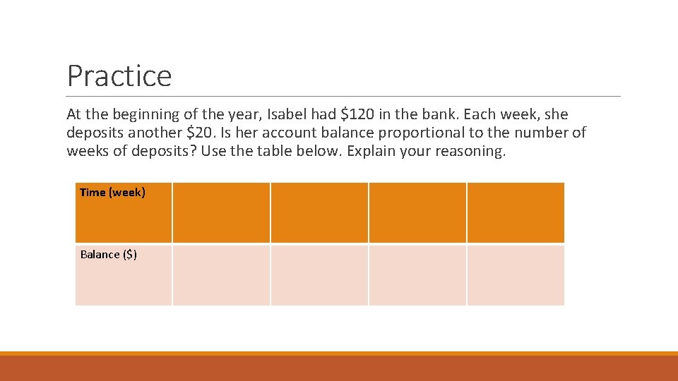Practice At the beginning of the year, Isabel had $120 in the bank. Each