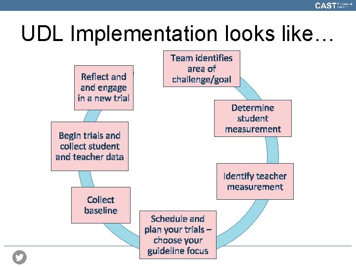 UDL Implementation looks like… Reflect and engage in a new trial Team identifies area
