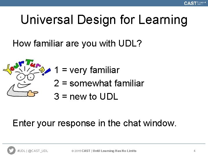 Universal Design for Learning How familiar are you with UDL? 1 = very familiar