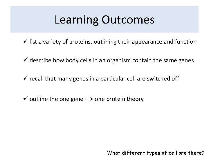Learning Outcomes ü list a variety of proteins, outlining their appearance and function ü Learning Outcomes ü list a variety of proteins, outlining their appearance and function ü