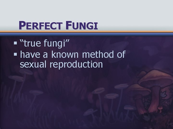 PERFECT FUNGI § “true fungi” § have a known method of sexual reproduction 