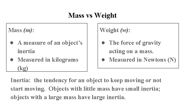 Mass vs Weight Mass (m): Weight (w): ● A measure of an object’s inertia