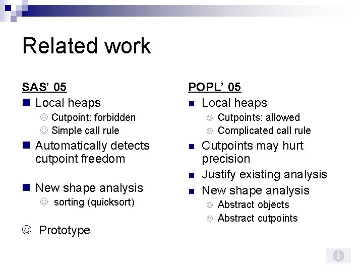 Related work SAS’ 05 n Local heaps POPL’ 05 n Local heaps L Cutpoint: