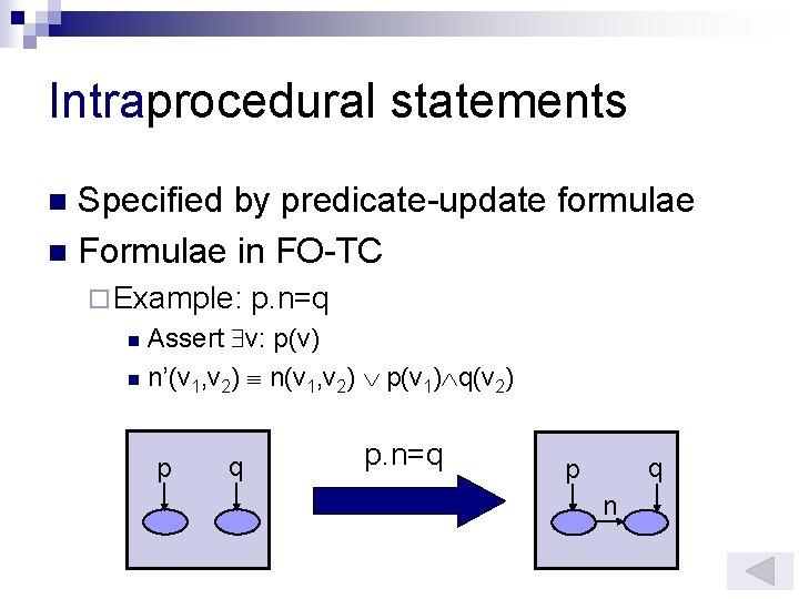 Intraprocedural statements Specified by predicate-update formulae n Formulae in FO-TC n ¨ Example: p.