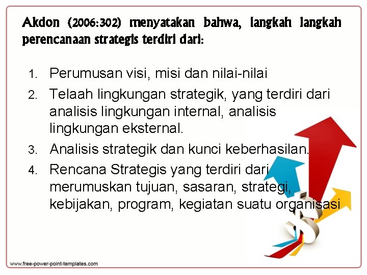 Akdon (2006: 302) menyatakan bahwa, langkah perencanaan strategis terdiri dari: Perumusan visi, misi dan