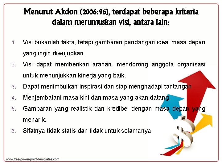 Menurut Akdon (2006: 96), terdapat beberapa kriteria dalam merumuskan visi, antara lain: 1. Visi