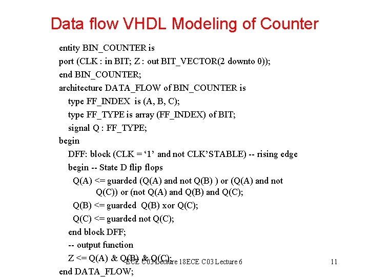 Data flow VHDL Modeling of Counter entity BIN_COUNTER is port (CLK : in BIT;