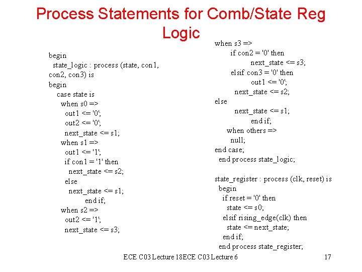 Process Statements for Comb/State Reg Logic when s 3 => begin state_logic : process