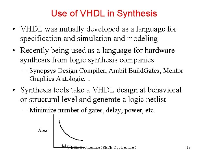 Use of VHDL in Synthesis • VHDL was initially developed as a language for