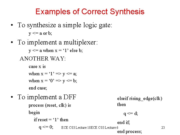 Examples of Correct Synthesis • To synthesize a simple logic gate: y <= a