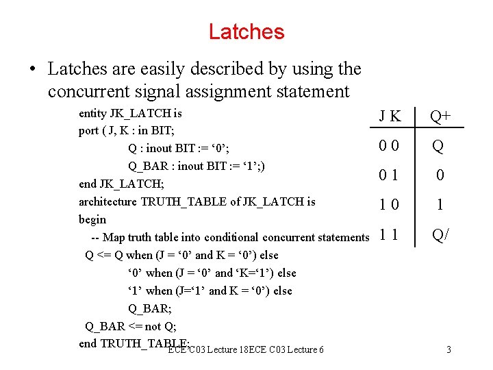 Latches • Latches are easily described by using the concurrent signal assignment statement entity