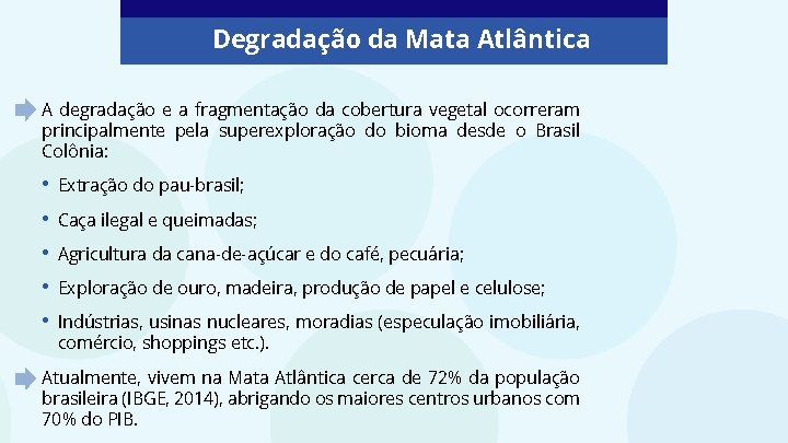 Degradação da Mata Atlântica A degradação e a fragmentação da cobertura vegetal ocorreram principalmente