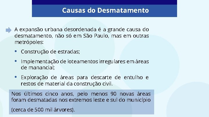 Causas do Desmatamento A expansão urbana desordenada é a grande causa do desmatamento, não