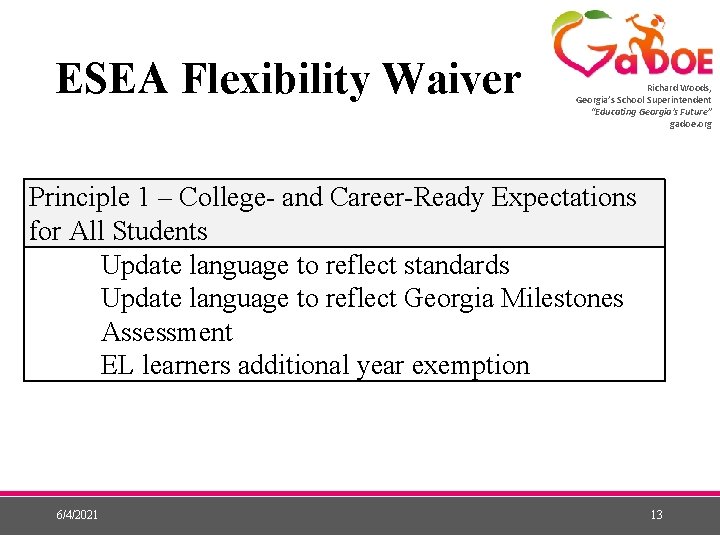 ESEA Flexibility Waiver Richard Woods, Georgia’s School Superintendent “Educating Georgia’s Future” gadoe. org Principle