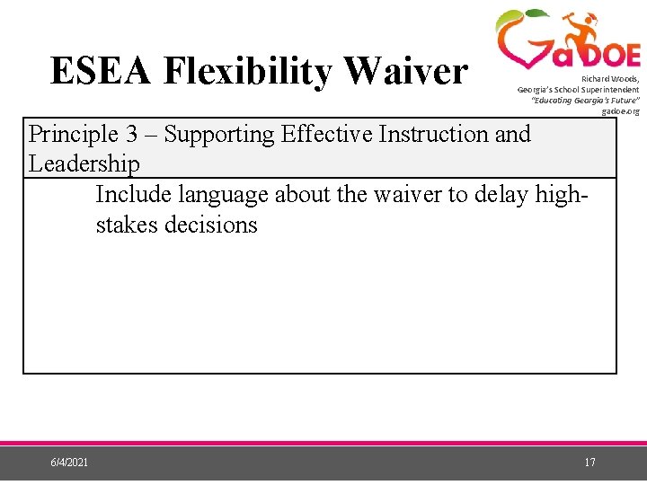 ESEA Flexibility Waiver Richard Woods, Georgia’s School Superintendent “Educating Georgia’s Future” gadoe. org Principle