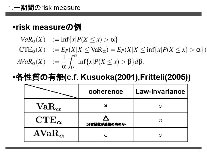 1. 一期間のrisk measure ・risk measureの例 ・各性質の有無(c. f. Kusuoka(2001), Fritteli(2005)) coherence Law-invariance × ○ △