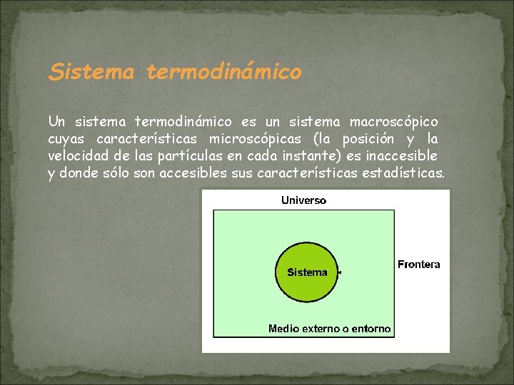 Sistema termodinámico Un sistema termodinámico es un sistema macroscópico cuyas características microscópicas (la posición